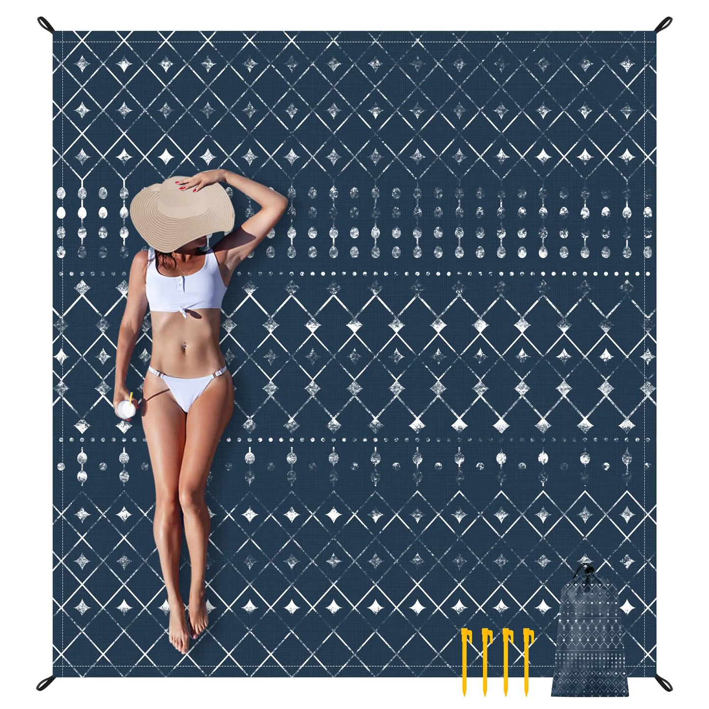 Beach Blanket Waterproof Sandproof Large Beach Picnic Blankets Foldable Sand Free Beach Mat Windproof w/Stakes and Corner Pocket for Outdoor Travel Camping Hiking Beach Essentials-Navy Geometry
