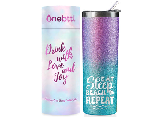 Onebttl Beach Gifts for Women 20Oz Skinny Tumbler with Lid and Straw Beach Themed Gifts for Beach Lovers Glitter Blue & Purple (Eat Sleep Beach)